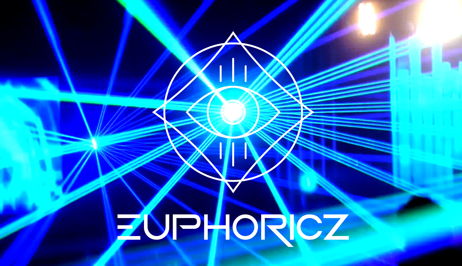 Blue lasers shooting out from the center of the euphoricz eye logo